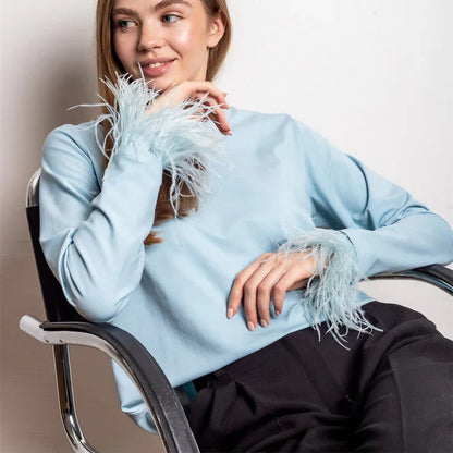Women's Blouse - Long Sleeve - Feather Embellished Cuffs - Elegant Statement Piece