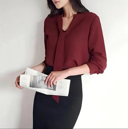 Women's Blouse - Long Sleeve - Elegant Bow Tie Neck - Flowy Lightweight Fabric