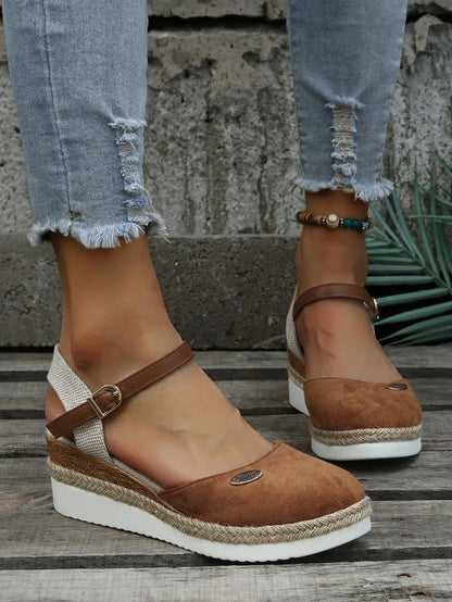 Women's Wedge Sandals - Closed Toe - Ankle Strap with Buckle - Espadrille Style