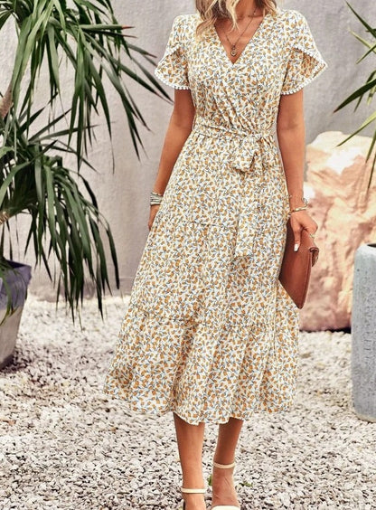 Women's Midi Dress - Floral Print - V-Neck - Short Flutter Sleeves - Lightweight Fit
