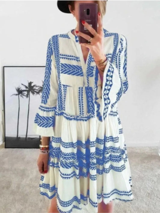 Bohemian A-Line V-Neck Bell Sleeve Dress