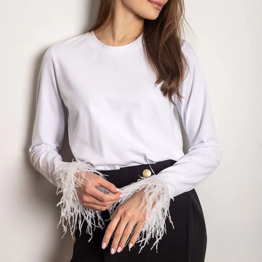 Grace Feather Trim Crewneck Blouse | Long Sleeve Solid Blouse