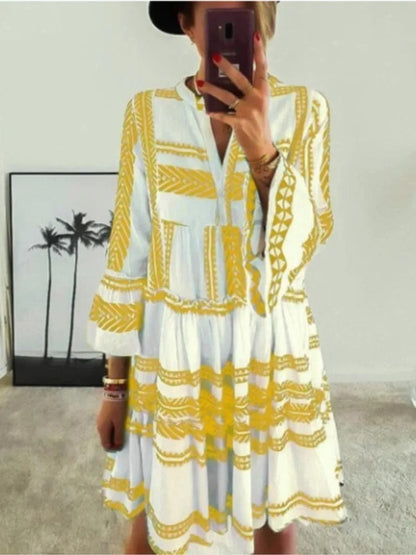 Women's Bohemian Dress - A-Line Fit - V-Neck - Long Bell Sleeves - Knee Length