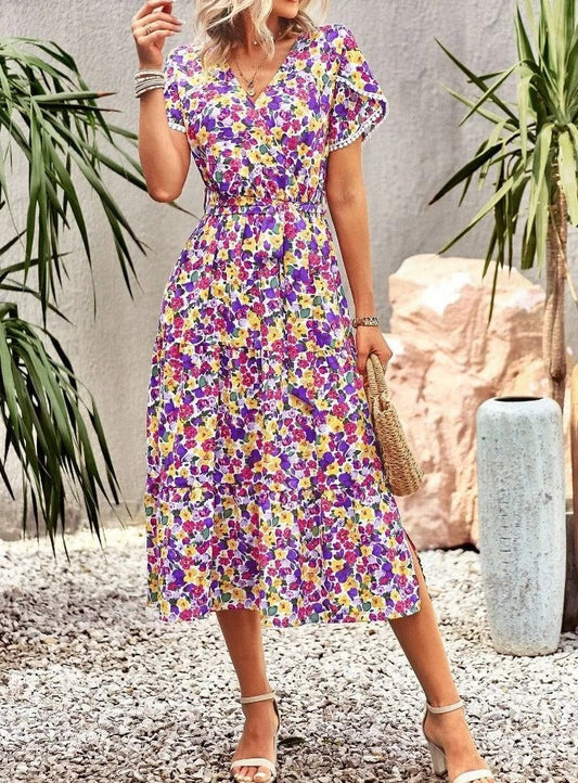 Floral Print Lightweight Flutter Sleeve Midi Dress