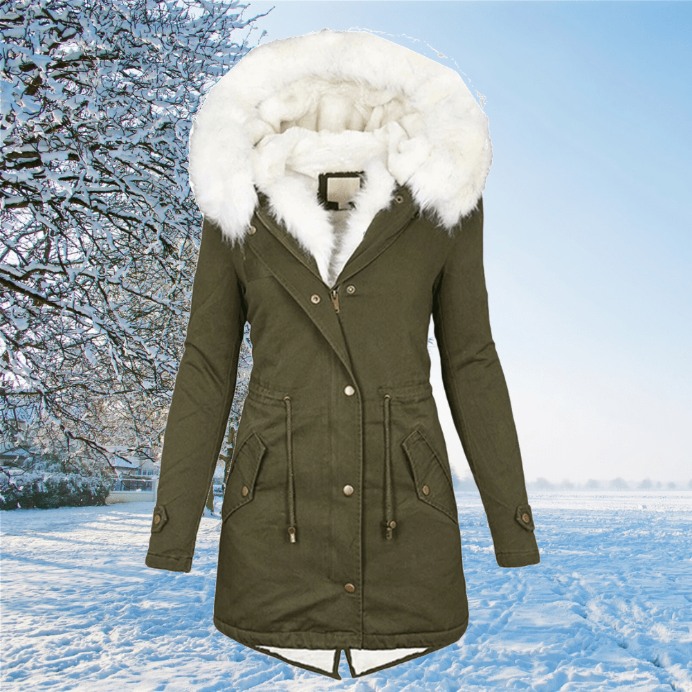 Hooded fur collar waist thickened mid-length women's coat