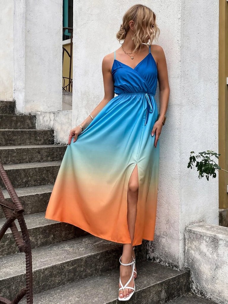 Women’s Maxi Dress – Sleeveless Spaghetti Strap – Plunging V-Neck – High Slit Flowy Fit