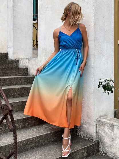 Women’s Maxi Dress – Sleeveless Spaghetti Strap – Plunging V-Neck – High Slit Flowy Fit