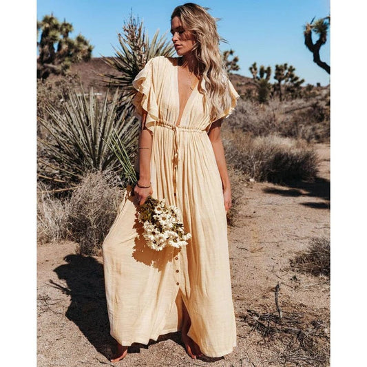 Flutter Sleeve Cinched Waist Maxi Dress
