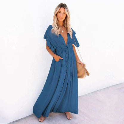 Women's Maxi Dress - Deep V-Neck - Ruffled Short Sleeves - Button-Down - Cinched Waist