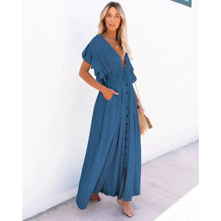 Women's Maxi Dress - Deep V-Neck - Ruffled Short Sleeves - Button-Down - Cinched Waist