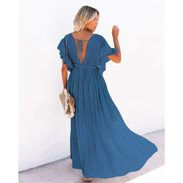 Women's Maxi Dress - Deep V-Neck - Ruffled Short Sleeves - Button-Down - Cinched Waist