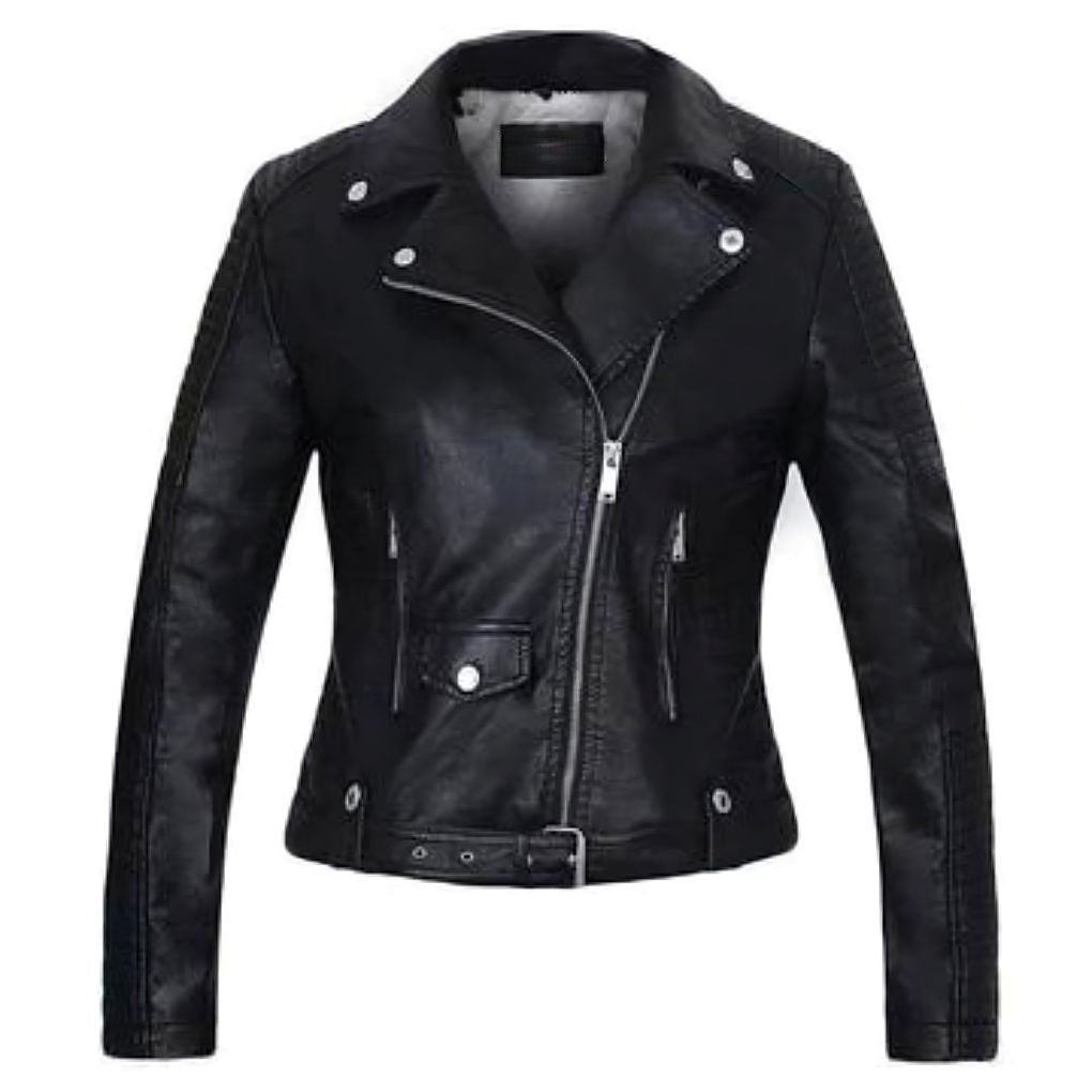 Women's slim fit faux leather jacket with multi-zipper and fleece lining