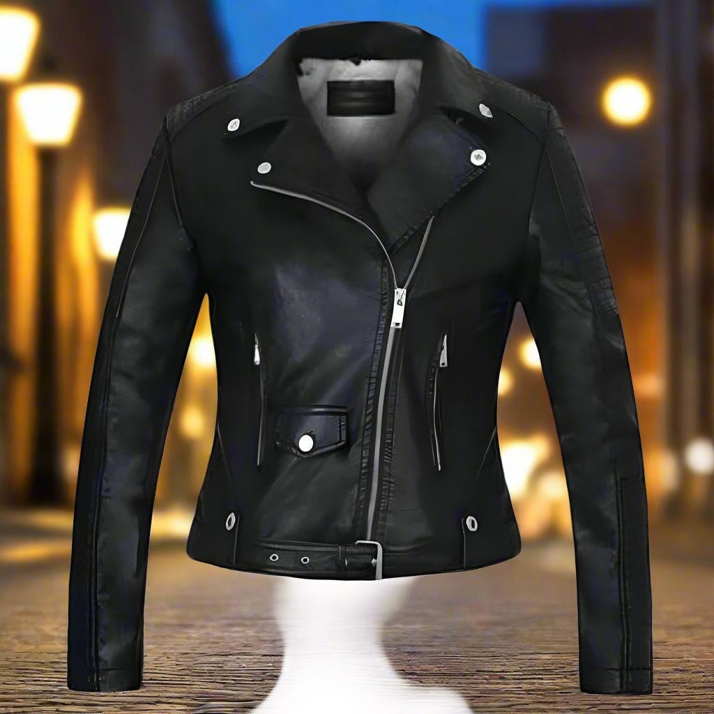 Women's slim fit faux leather jacket with multi-zipper and fleece lining