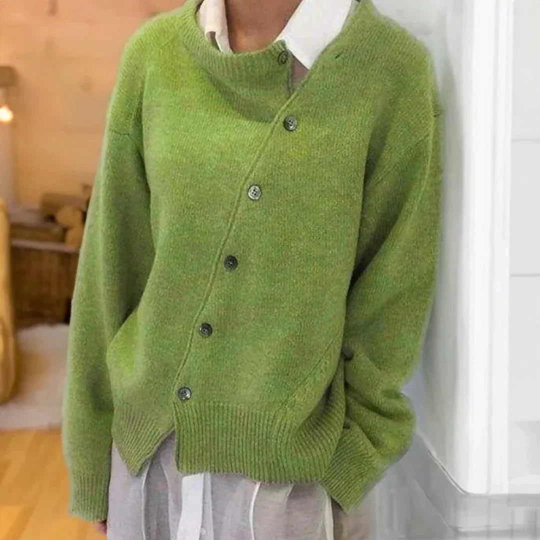 Women's round neck diagonal button lazy style cardigan