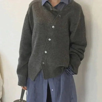 Women's round neck diagonal button lazy style cardigan