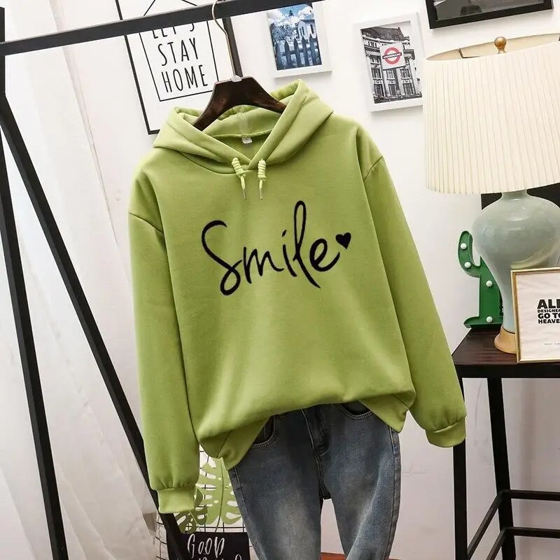Women's smile print hooded pullover loose sweater