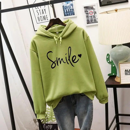 Women's smile print hooded pullover loose sweater