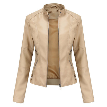 Women’s Leather Jacket – Tailored Fit – Stand Collar – Zippered Pockets – Long Sleeve