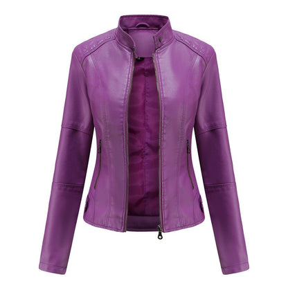 Women’s Leather Jacket – Tailored Fit – Stand Collar – Zippered Pockets – Long Sleeve