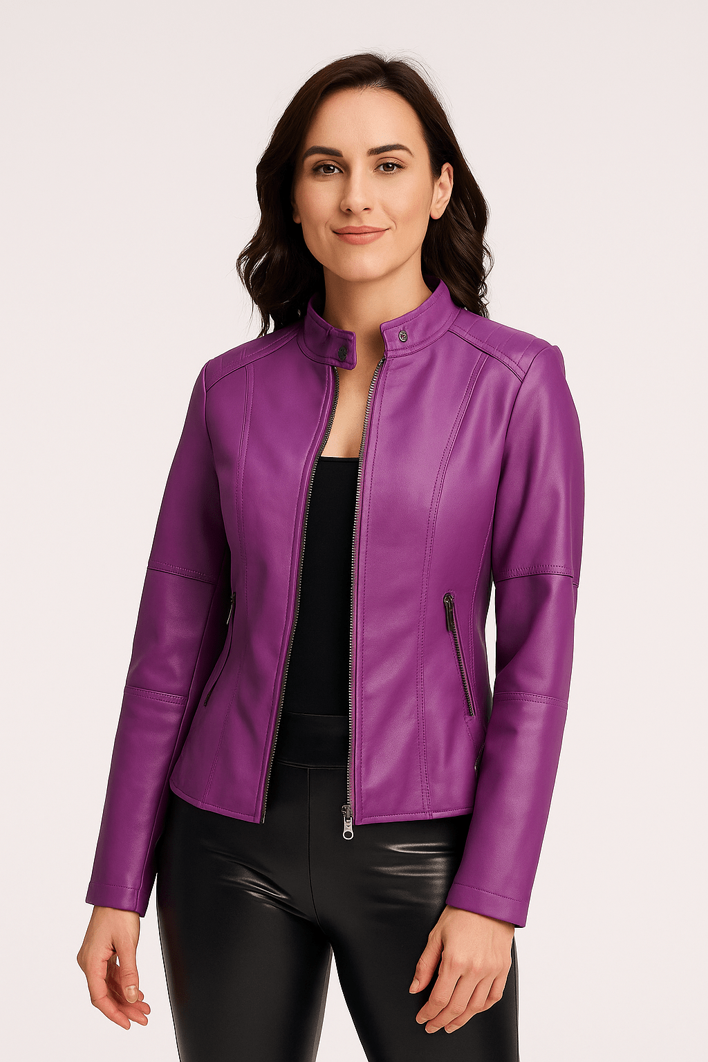 Women’s Leather Jacket – Tailored Fit – Stand Collar – Zippered Pockets – Long Sleeve