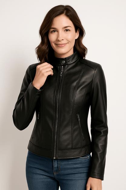 Women’s Leather Jacket – Tailored Fit – Stand Collar – Zippered Pockets – Long Sleeve
