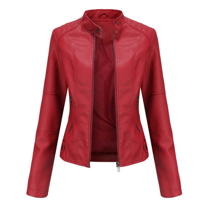 Women’s Leather Jacket – Tailored Fit – Stand Collar – Zippered Pockets – Long Sleeve