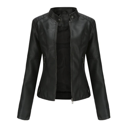 Women’s Leather Jacket – Tailored Fit – Stand Collar – Zippered Pockets – Long Sleeve