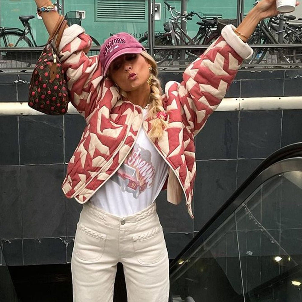 Quilted Floral Pattern Oversized Fit Jacket 