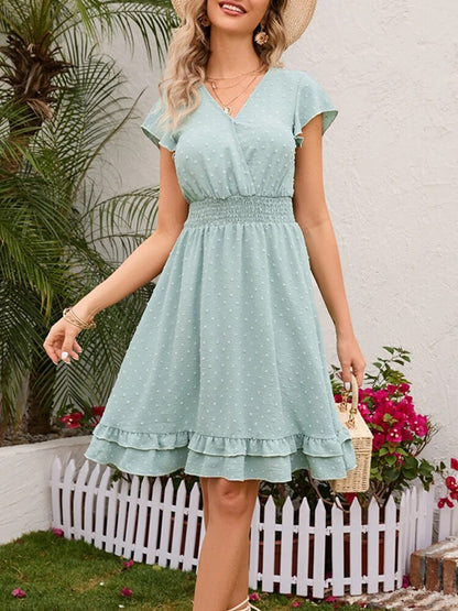 Women's V-Neck Dress - Short Flutter Sleeve - Elastic Waist - Ruffle Hem A-Line
