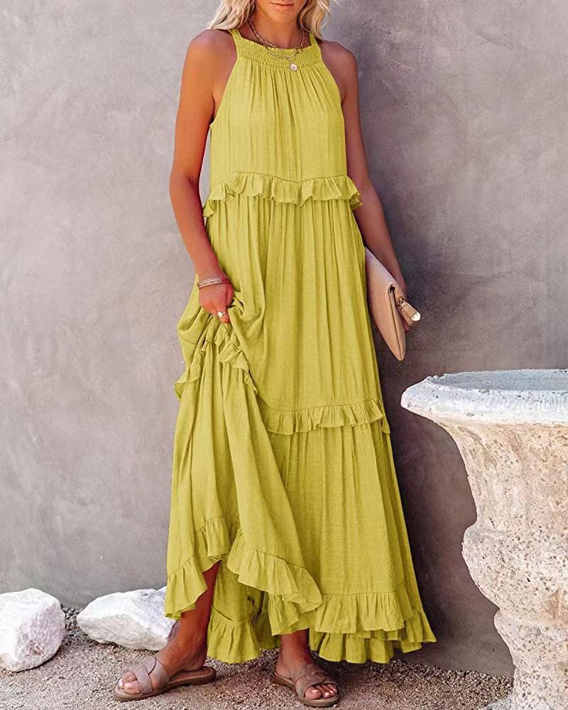 Women's Maxi Dress - Sleeveless Halter Neck - Flowy Relaxed Fit - Ruffled Detailing