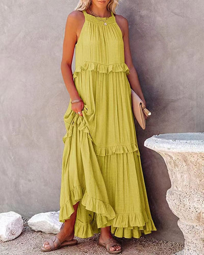 Women's Maxi Dress - Sleeveless Halter Neck - Flowy Relaxed Fit - Ruffled Detailing