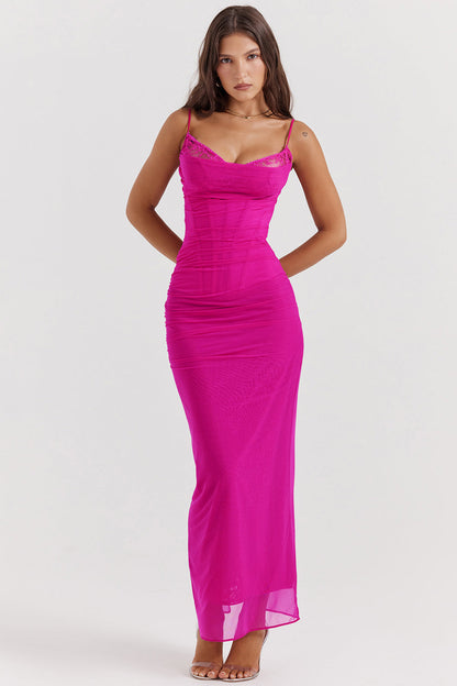Women’s Maxi Dress – Fitted Silhouette – Spaghetti Straps – Lace Neckline – Ruching