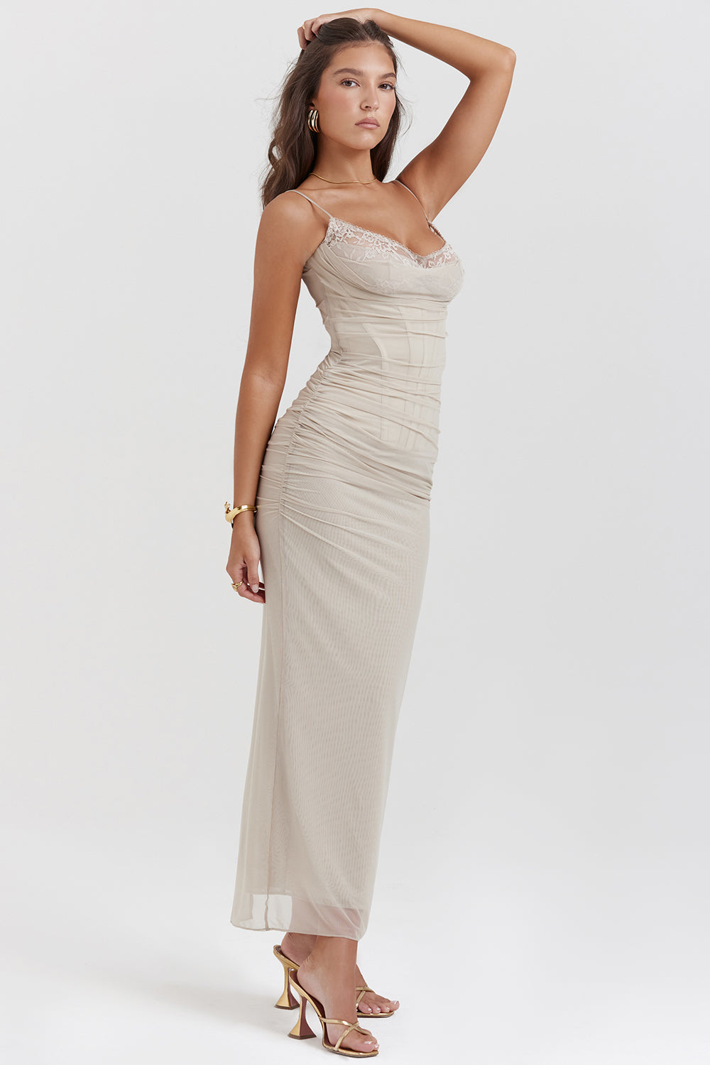 Women’s Maxi Dress – Fitted Silhouette – Spaghetti Straps – Lace Neckline – Ruching