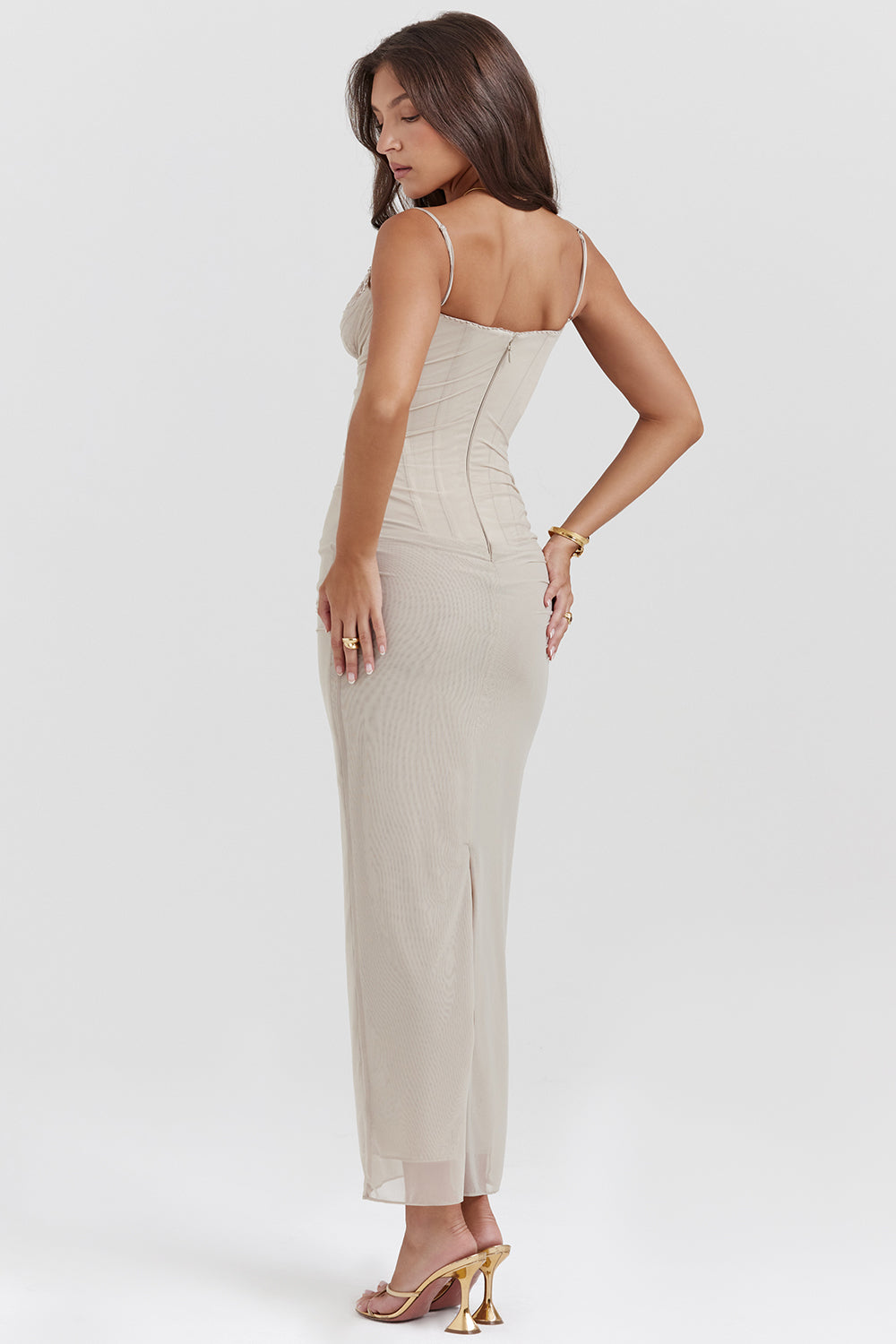 Women’s Maxi Dress – Fitted Silhouette – Spaghetti Straps – Lace Neckline – Ruching