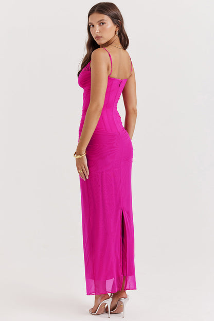 Women’s Maxi Dress – Fitted Silhouette – Spaghetti Straps – Lace Neckline – Ruching