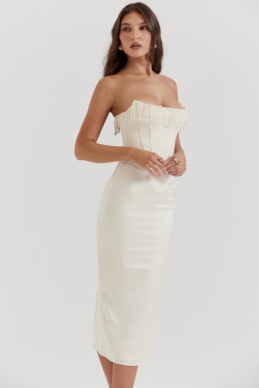 Satin Slim Fit Strapless Midi Dress
