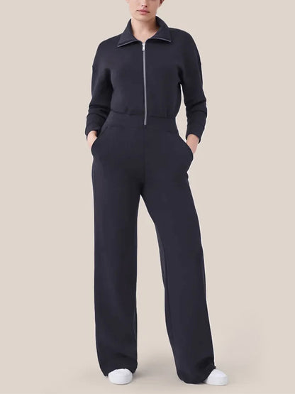 Women's long sleeve wide leg zip-up sweater jumpsuit