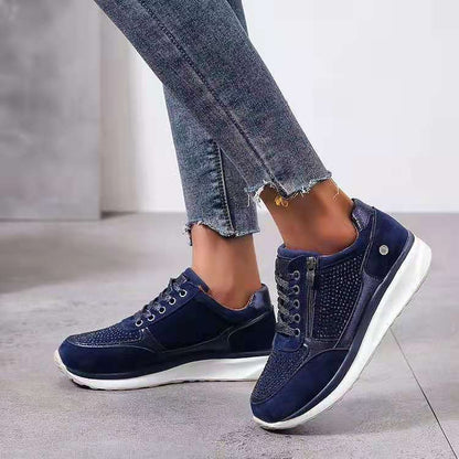 Women’s Wedge Sneakers - Suede & Metallic Panels - Rhinestone Accents - Zipper & Lace-Up