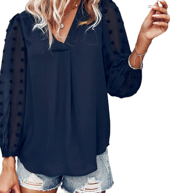 Women's Blouse - V-Neck - Sheer 3D Applique Sleeves - Relaxed Fit - Elegant Style