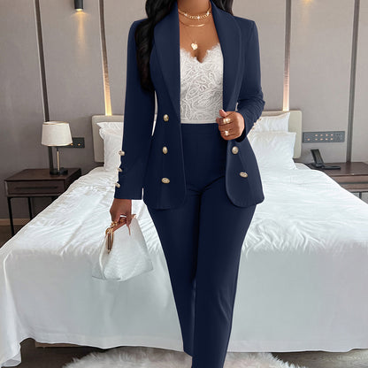 Women's double-breasted casual suit set with long sleeves