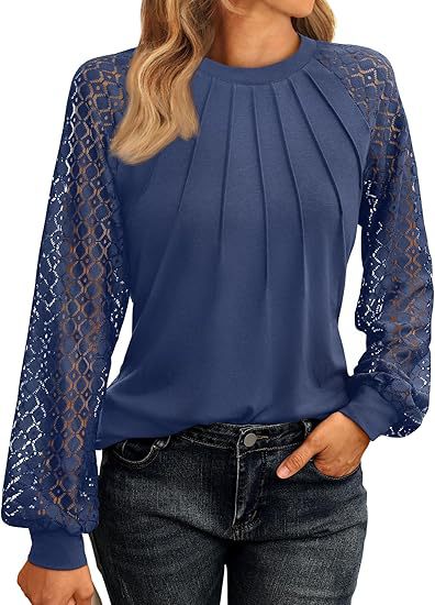 Women's Blouse - Long Lace Sleeves - Round Neck - Pleated Front - Relaxed Fit