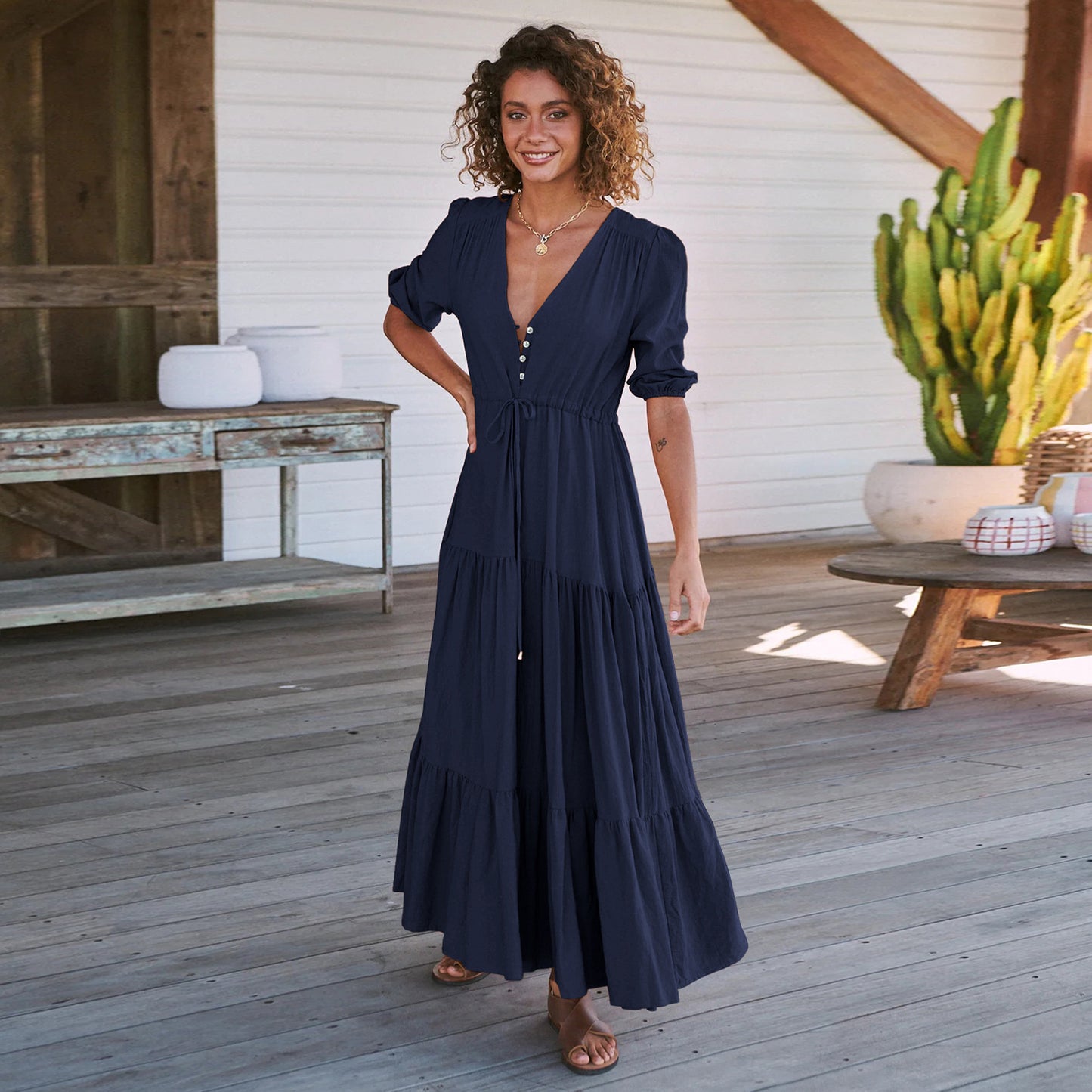 Women's Maxi Dress - V-Neck - Three-Quarter Sleeve - Button Front - Flowy A-Line Fit