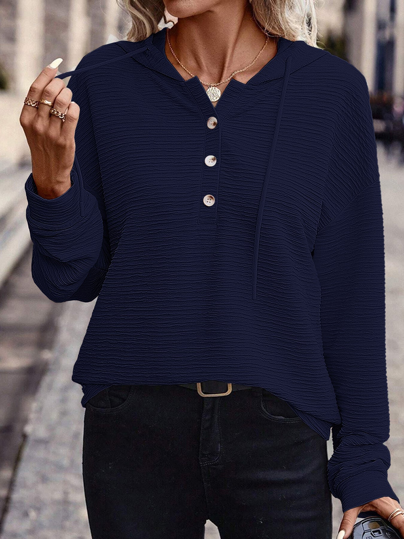 Textured Relaxed Fit Button Front Hoodie Top
