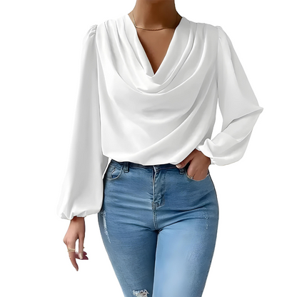 Women's Blouse - Draped Cowl Neck - Long Puff Sleeve - Smooth Flowing Relaxed Fit