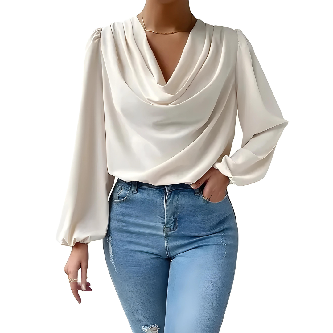 Women's Blouse - Draped Cowl Neck - Long Puff Sleeve - Smooth Flowing Relaxed Fit