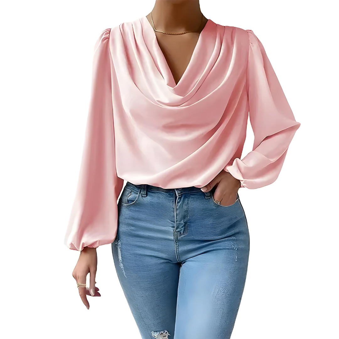 Women's Blouse - Draped Cowl Neck - Long Puff Sleeve - Smooth Flowing Relaxed Fit