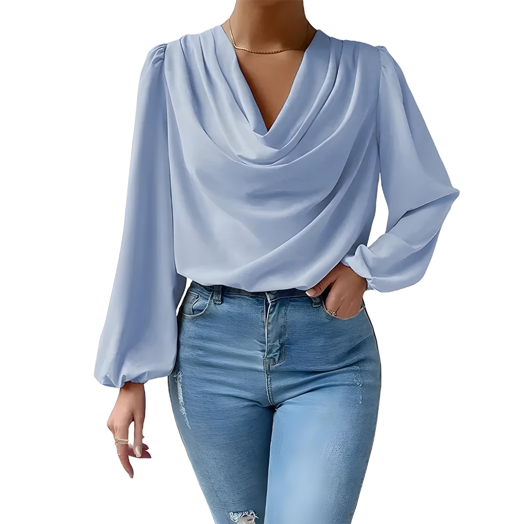 Women's Blouse - Draped Cowl Neck - Long Puff Sleeve - Smooth Flowing Relaxed Fit