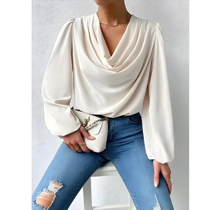 Women's Blouse - Draped Cowl Neck - Long Puff Sleeve - Smooth Flowing Relaxed Fit