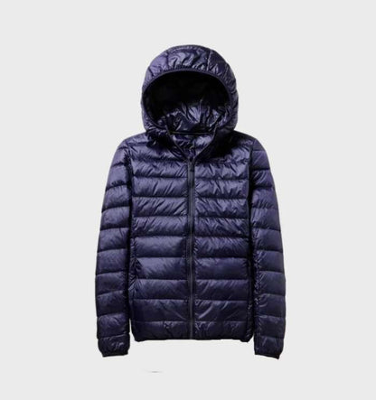 Elegant warm down jacket with hood for women