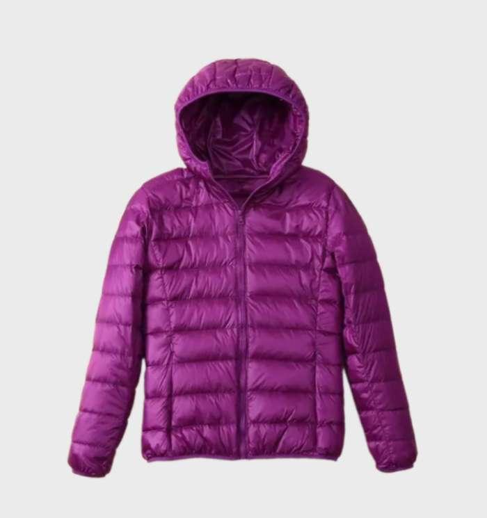 Elegant warm down jacket with hood for women